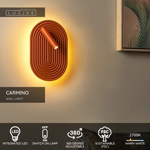 Lucide CARMINO - Wall light - LED - 1x12W 2700K - Terracotta | Essential - USP